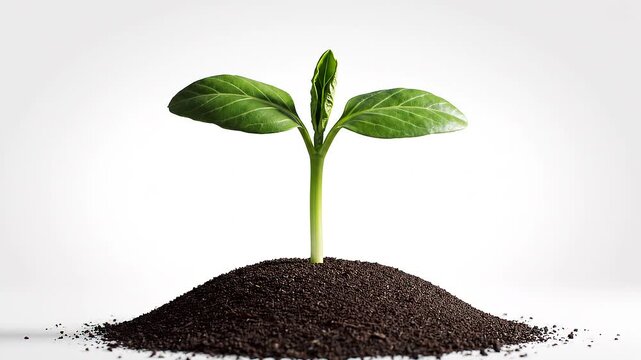 a small green sprout growing from a mound of dark soil on a pure white background