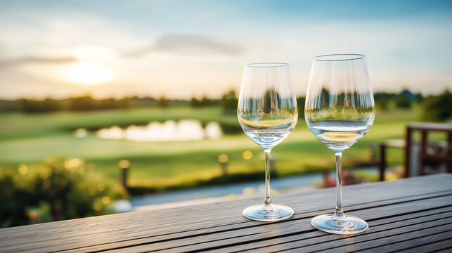 Celebrating evening leisure with empty wine glasses on a terrace overlooking a green golf course at sunset