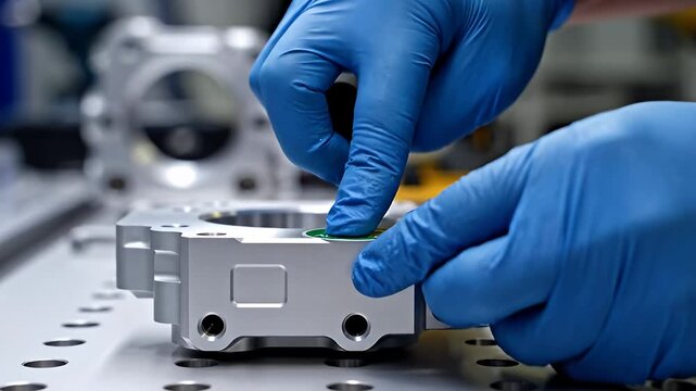 Worker's gloved hand applies QC sticker to metal component