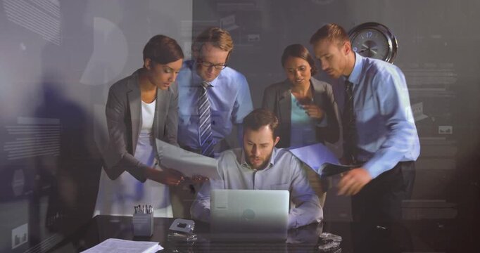 Seated man using laptop, woman showing reports urging team leaning, screen tags guiding biz review