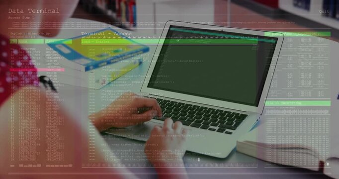Placing hands on keyboard, teen in red top coding at desk, studying with laptop and textbooks