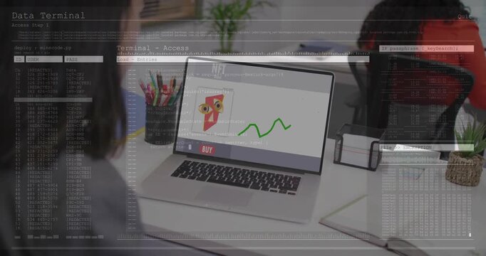 Woman using laptop selecting NFT, green line growing into chart, terminal overlay processing sale