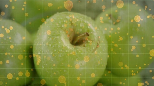 Animating grid overlay, golden confetti drifting across center green apple in bowl showing droplets