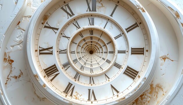 Spiraling clock design with Roman numerals, creating an infinite tunnel effect