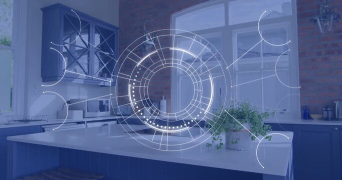 HUD appearing on startup over kitchen island, expanding rings pulsing to show smart home info