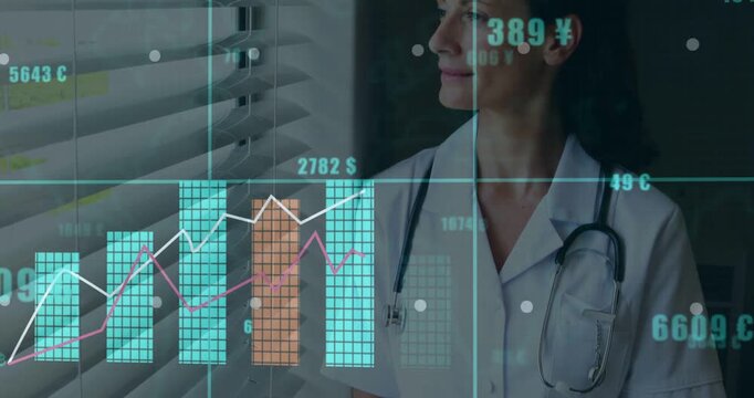 Doctor holding clipboard pen moving causing medical graphs numbers climbing, reflecting at window