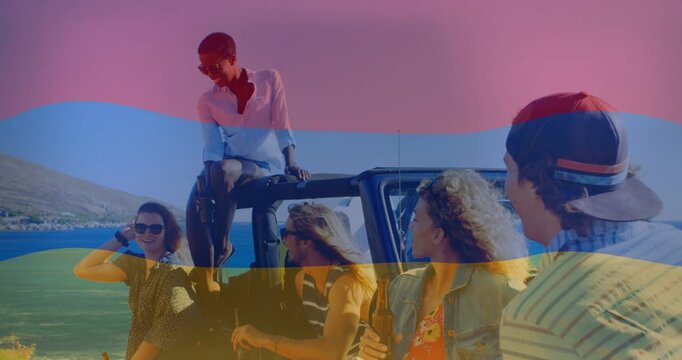 Travel group of five at seaside jeep, man laughing on rollbar causing smiles under tricolor overlay