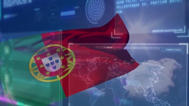 Playback starting, Portuguese flag rippling across broadcast HUD while revealing world map contours