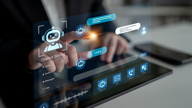 Modern AI chatbot service dashboard featuring 24 7 automated AI support, voice recognition, and omnichannel NLP AI communication. Customer experience, CRM, ask digital AI helpdesk technology. Corpus