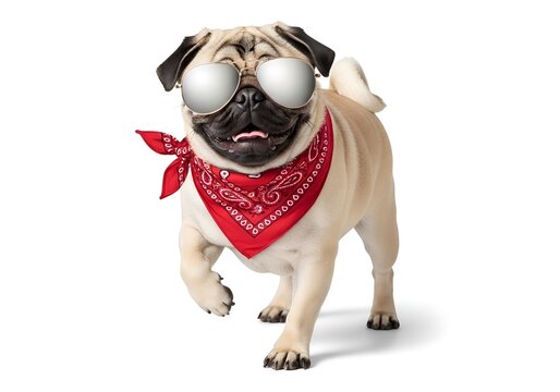 Stylish pug dog wearing cool reflective aviator sunglasses and a vibrant red bandana cheerfully walking forward on white background