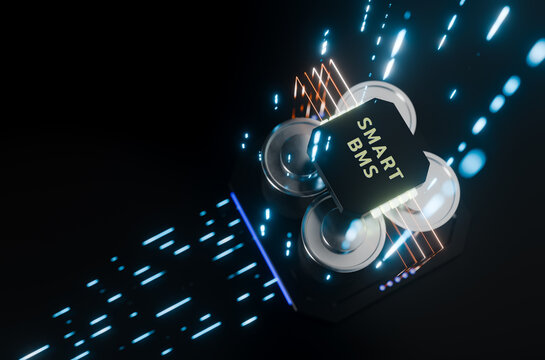 Smart BMS Technology: Capturing the intricate beauty of advanced energy management, this image showcases a cutting-edge smart Battery Management System (BMS) with energy beams against a dark backdrop.