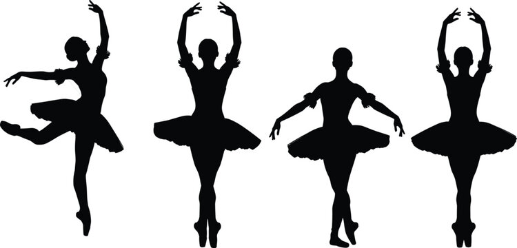 Silhouette illustration set of beautiful ballerinas performing elegant ballet dance poses in tutus, isolated on a clean white background for artistic and creative projects.