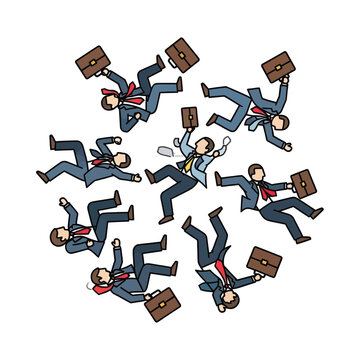 Chaotic scene of office workers frantically juggling briefcases and files in mid-air