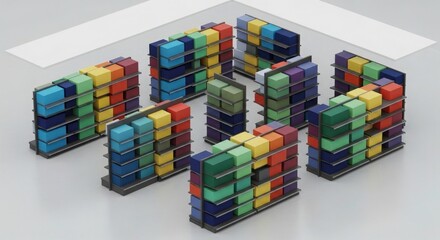 Fototapeta premium Colorful modular storage units organized in a neat arrangement, symbolizing efficiency and order.