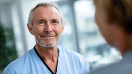 Naklejka premium Smiling senior man patient during healthcare consultation looking at nurse in clinic. Confident elderly male in medical conversation with caregiver in modern bright healthcare environment
