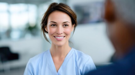 Fototapeta premium Smiling female nurse in medical uniform consulting senior patient in modern clinic. Healthcare professional providing support and care during appointment in bright hospital interior