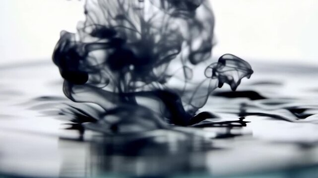 Ink drop in water effect, swirling black ink, translucent patterns, minimalist white background.
