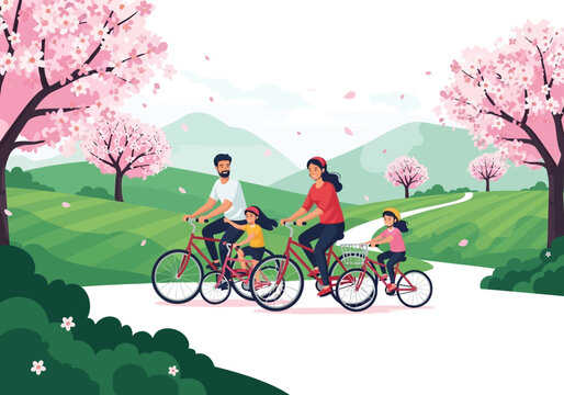 Parent Couple Taking Toddlers for a Bike Ride in Sakura Garden 