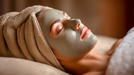 Naklejka premium spa scene with woman relaxing with facial mask