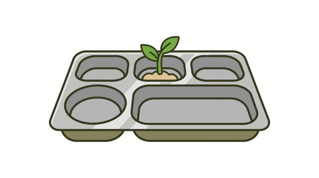 Vibrant green sprout growing in a metal lunch tray compartment