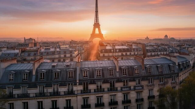 Beautiful Paris cityscape with Eiffel Tower glowing at sunset with warm sky and classic rooftops