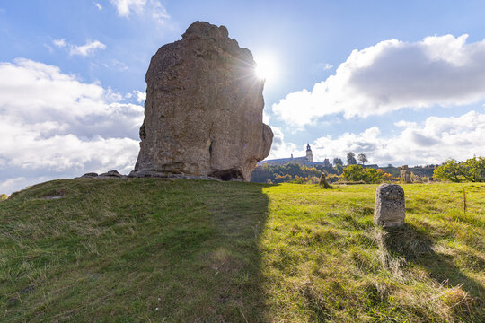 Ancient Devil&rsquo;s Rock and stone crosses in Pidkamin village