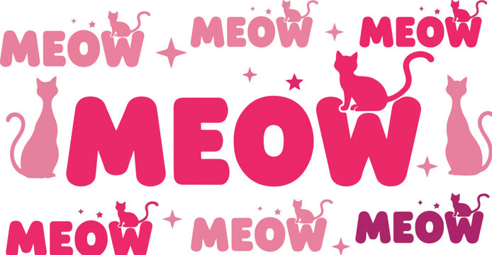Pink meow typography vector with cat silhouettes, cute kitten lettering for pet lovers, playful feline graphic design on white background