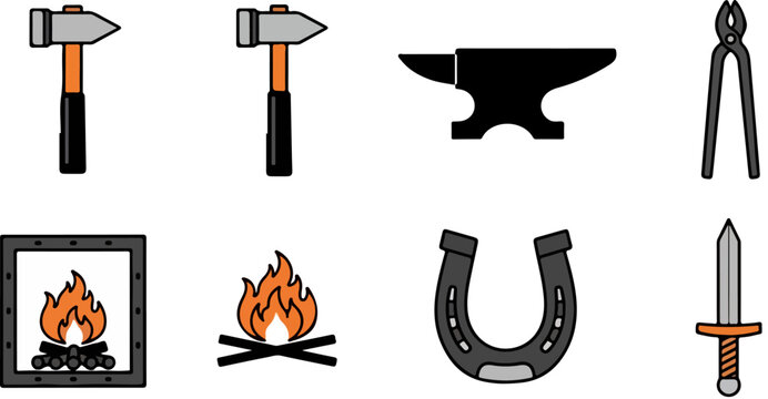 Blacksmith forge icon set with anvil and hammer, medieval metalwork tools vector collection, horseshoe and sword equipment for blacksmithing