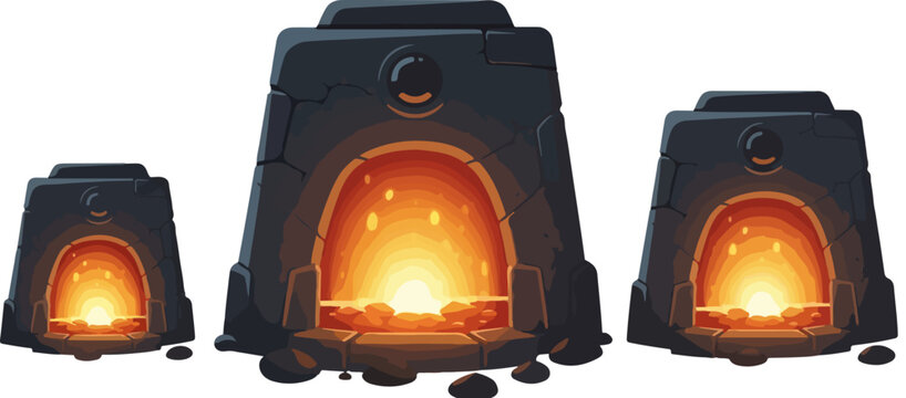 Fantasy stone forge set with glowing fire, medieval blacksmith furnace icons, ancient stone kiln vector illustrations for game design