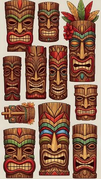 Collection of Hawaiian Tiki Masks and Statues.