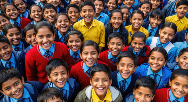 Joyful Indian Schoolchildren Smiling Brightly in Their Uniforms