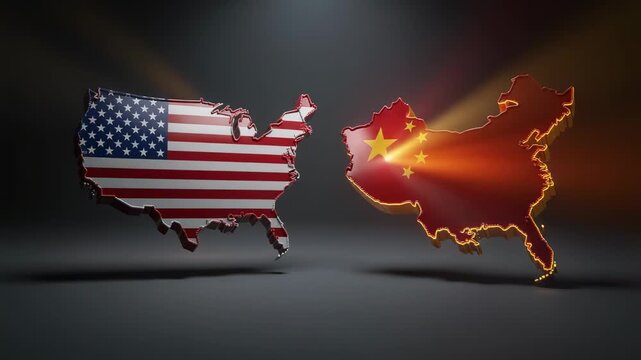 3D illustration of United States and China maps with national flags representing global relations and international competition