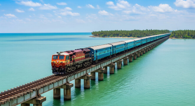 Indian Train on Scenic Ocean Bridge with Palm Trees