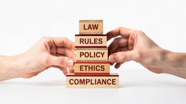 Hands stacking wooden blocks with law rules policy ethics and compliance concepts for business governance