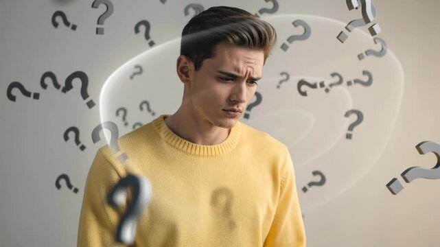 Young man in yellow sweater confused surrounded by floating question marks thinking deeply