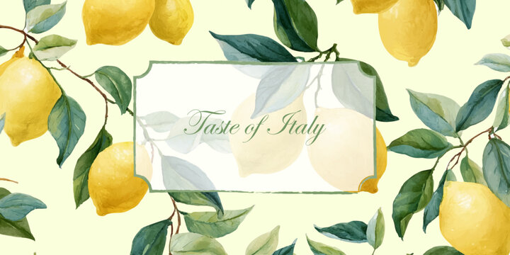 Watercolor lemon pattern with Mediterranean fruit borders. Summer citrus illustration featuring Italian Amalfi coast design. Fresh lemons, yellow gradient, retro frame elements.