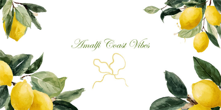 Watercolor lemon border with Mediterranean ribbon and fruit motifs. Italian summer poster design featuring retro frame, perfect for invitations and watercolor-themed prints.