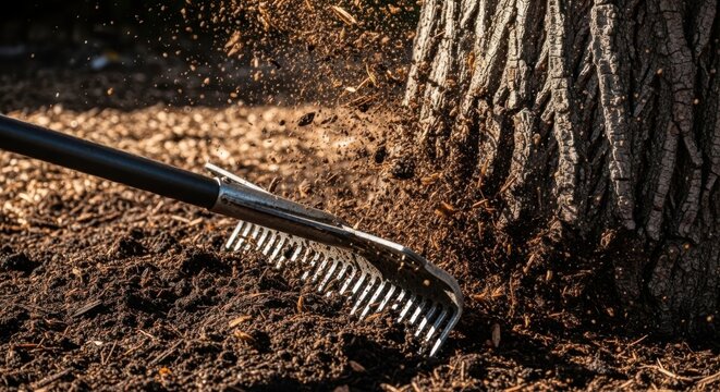 Raking soil around tree trunk for gardening maintenance and care. Rake is used to loosen soil and remove debris near the base of tree, promoting healthy growth and aiding in landscaping.