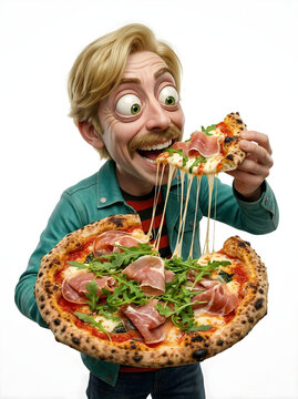 Homem loiro de jaqueta verde e camiseta listrada vermelha com preto e olhos grandes e expressivos comendo uma fatia de pizza com uma pizza na mesa branca