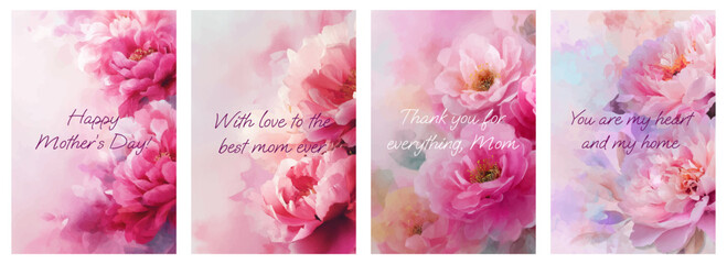 Watercolor peonies frame Mother's Day card template with elegant floral border, pink blooms, and botanical elements for greeting cards and celebration posters. © Narin