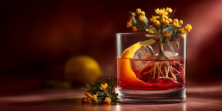 Crafty botanical glass with root immersion and vibrant citrus accent emphasizing rustic charm