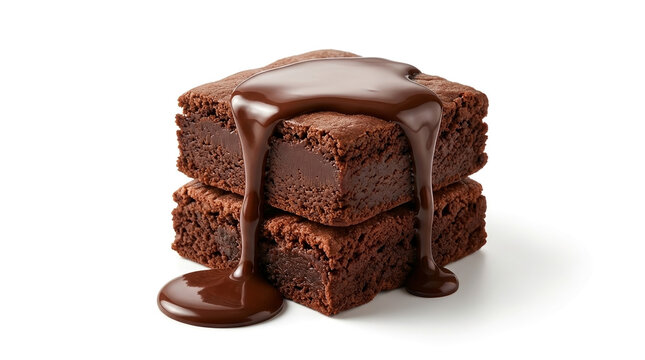 Moist Chocolate Brownie Pieces with Flowing Chocolate Syrup, Close-Up Dessert Shot on White Background
