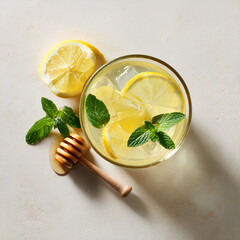 Fresh lemonade with mint and honey in minimal flat lay with lemon slices on clean background bright refreshing detox beverage concept