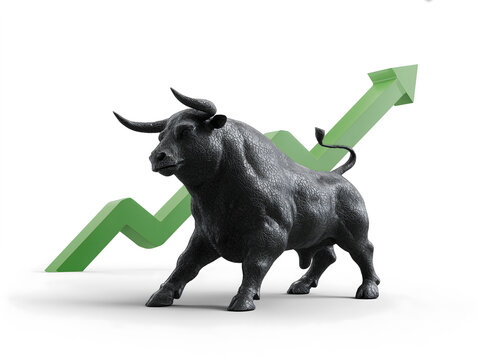 Bull standing in front of green rising arrow graph isolated on transparent or white background, png