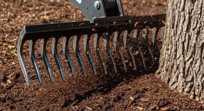 Garden rake working on mulch around tree base for landscaping project, showcasing tool efficiency and garden health. Careful application of mulch around trees enriches soil for successful gardening.