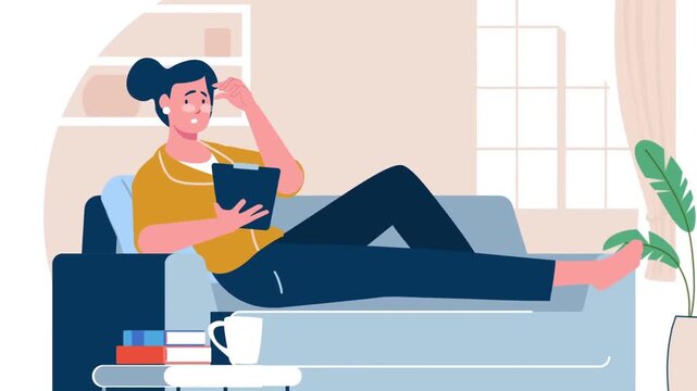 Relaxed man lying on sofa using smartphone in cozy living room, leisure time concept, modern lifestyle and digital addiction animation scene