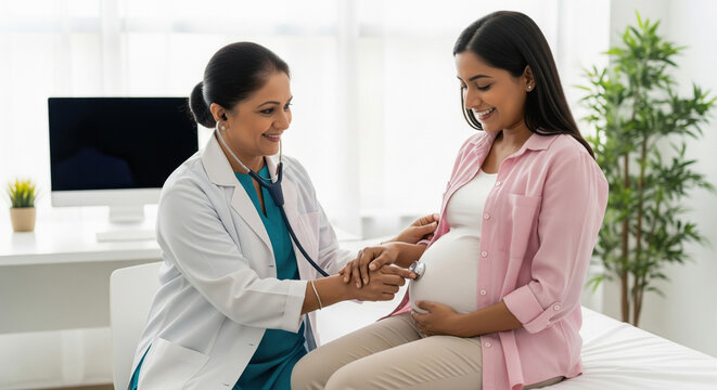 Doctor checks pregnant Indian woman's belly with stethoscope