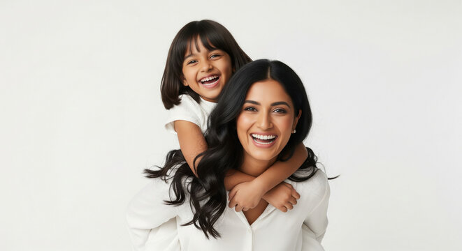 Joyful Indian Mother Daughter Piggyback Ride White Background