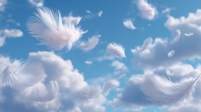 青空に舞う軽やかな羽根の群れ。爽やかなイメージ素材としての空と羽根の表現。