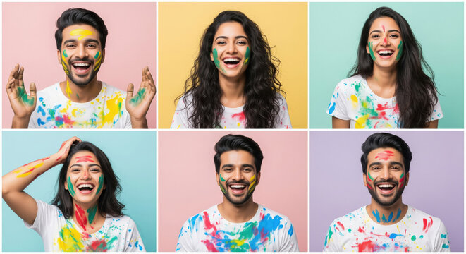 Joyful Indian Youth Celebrating Holi with Vibrant Colors